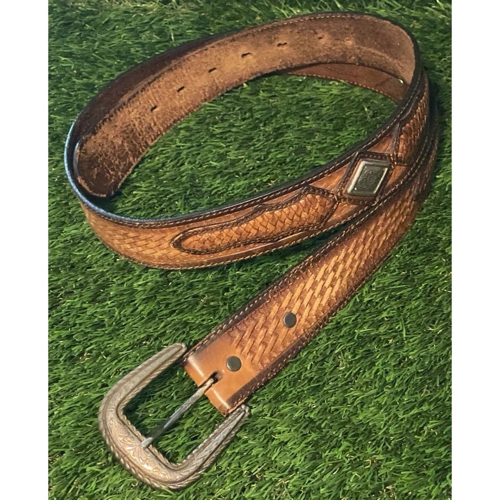 Vtg Justin Boots Leather Western Tooled Basketweave Belt 704 TN Silver Buckle 42